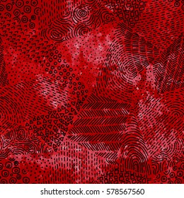 Seamless pattern. Grunge watercolor texture. Red spray stains. Black doodle hand-drawn in a patchwork style. Vector illustration.