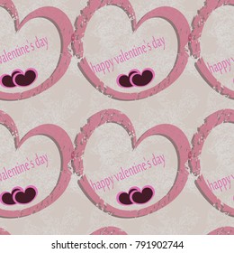 Seamless pattern with grunged shapes of hearts and inscription Happy Valentine's Day on a beige background. You can use as a backdrop for the site for Valentine's Day or for printing