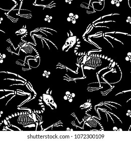 Seamless pattern. A gryphon skeleton among flowers. Bestiary. Mythical creatures. Great for printing on T-shirts, for tattoos and more. Ideal for decoration of Halloween and the Day of the dead.