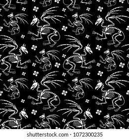 Seamless pattern. A gryphon skeleton among flowers. Bestiary. Legendary animals. Great for printing on T-shirts, for tattoos and more. Ideal for decoration of Halloween and the Day of the dead.