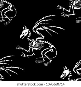 Seamless pattern. A gryphon skeleton isolated on a black background. Bestiary. Legendary animals. Great for printing on T-shirts, ideal for decoration of Halloween and the Day of the dead.