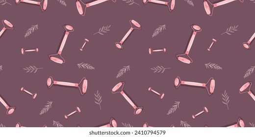 Seamless pattern with Gua Sha scraping Massage tool. Natural  scraper and stone roller for anti-anging. Trendy skin care. Vector flat style for presentation, make-up, beauty, web, blog, social media.