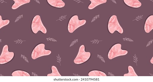 Seamless pattern with Gua Sha scraping Massage tool. Natural  scraper and stone roller for anti-anging. Trendy skin care. Vector flat style for presentation, make-up, beauty, web, blog, social media.