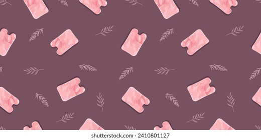 Seamless pattern with Gua Sha scraping Massage tool. Natural scraper and stone roller for anti-anging. Trendy skin care. Vector flat style for presentation, make-up, beauty, web, blog, social media.