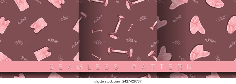 Seamless pattern with Gua Sha scraping Massage tool. Natural scraper and stone roller for anti-anging. Trendy skin care. Vector flat style for presentation, make-up, beauty, web, blog, social media.	