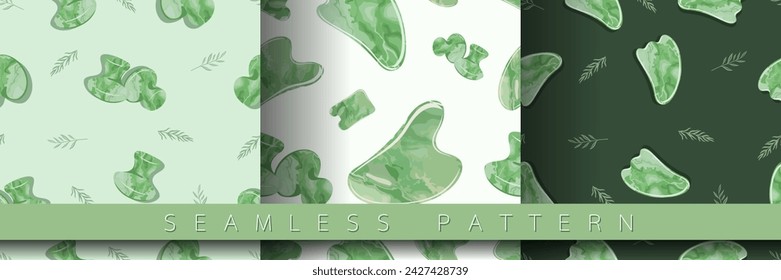 Seamless pattern with Gua Sha scraping Massage tool. Natural scraper and stone roller for anti-anging. Trendy skin care. Vector flat style for presentation, make-up, beauty, web, blog, social media.	