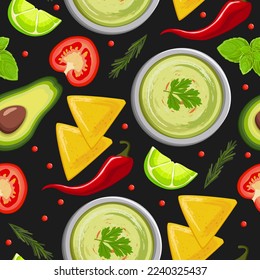 Seamless pattern with guacamole. Traditional Latin American Mexican guacamole sauce in a plate and vegetables on a dark background. View from above.