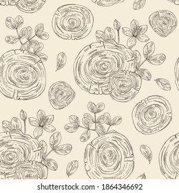 Patrón sin foco con árbol de guaia: madera, flor, hojas y trozo de árbol guaíaco. Árbol de espalda. Perfumería, cosméticos y plantas médicas. Ilustración dibujada a mano por el vector