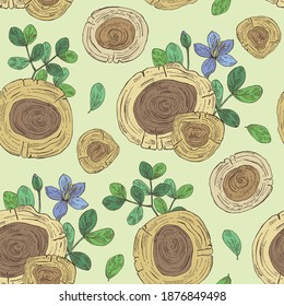 Seamless pattern with guaiac tree: wood, flower, leaves and  piece of guaiac tree. Backaut tree. Perfumery, cosmetics and medical plant. Vector hand drawn illustration