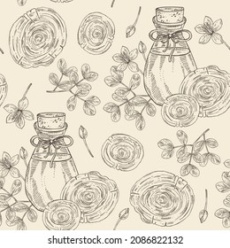 Seamless pattern with guaiac tree: wood, flower, leaves, piece of guaiac tree and backaut essential oil. Backaut tree. Cosmetic, perfumery and medical plant. Vector hand drawn illustration.