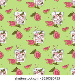 Seamless Pattern Guava Drink Cocktail with tropical Pink slices, ice cubes and Mint on Green Background. Vector illustration. Summer Fruit Pink Refreshing Cocktail with straw