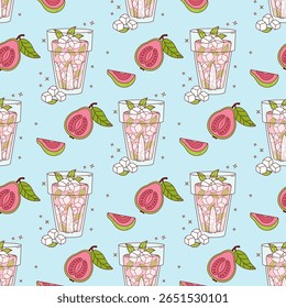 Seamless Pattern Guava Drink with ice cubes and Mint on blue Background with tropical Pink Fruit slices. Summer Refreshing Cocktail. Vector illustration