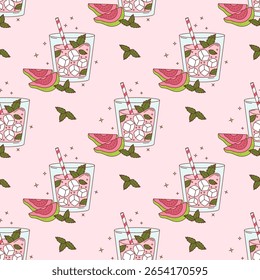 Padrão sem costura com Guava Beba com cubos de gelo e hortelã no fundo rosa com fatias de frutas tropicais. Verão Refrescante Cocktail com vidro e palha. Ilustração vetorial