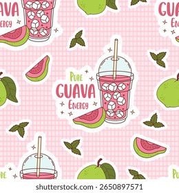Seamless Pattern. Guava Drink smoothie with lots ice cubes in clear cup on checkered Pink Background with tropical Fruit and Mint leaves. Summer Refreshing Cocktail with quote. Vector illustration