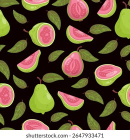 Seamless Pattern Guava Fruit Tree on Black Background with leaves. Vector illustration.