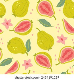 Seamless pattern with guava fruits, leaves and flowers. Vector graphics.