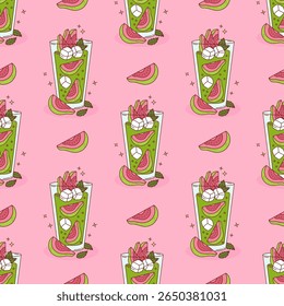Seamless Pattern Guava Green Drink with tropical Fruit slices, ice cubes and Mint on Pink Background. Vector illustration