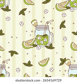 Padrão sem costura com Guava Verde Beba smoothie no frasco de pedreiro com cubos de gelo no fundo listrado com fatias de frutas brancas tropicais e folhas de hortelã. Cocktail Refrescante Verão. Ilustração vetorial