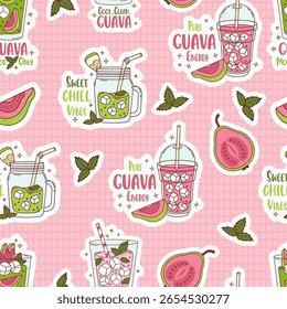 Padrão Perfeito. Guava Verde e rosa Beba smoothie com cubos de gelo em xadrez Fundo com folhas tropicais de fruta e hortelã. Verão Refrescante Cocktail com citação. Ilustração vetorial