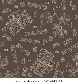 Seamless pattern with guduchi : giloy plant and guduchi leaves. Tinospora cordifolia. Cosmetic and medical plant. Vector hand drawn illustration