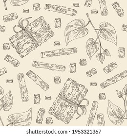 Seamless pattern with guduchi : giloy plant and guduchi leaves. Tinospora cordifolia. Cosmetic and medical plant. Vector hand drawn illustration