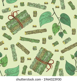 Patrón sin foco con guduchi: planta giloy y hojas de guduchi. Tinospora cordifolia. Planta cosmética y médica. Ilustración dibujada a mano por el vector