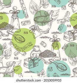 Seamless pattern with guduchi : giloy plant and guduchi leaves. Tinospora cordifolia. Oil, soap and bath salt . Cosmetics and medical plant. Vector hand drawn illustration