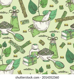 Seamless pattern with guduchi : giloy plant and guduchi leaves. Tinospora cordifolia. Oil, soap and bath salt . Cosmetics and medical plant. Vector hand drawn illustration