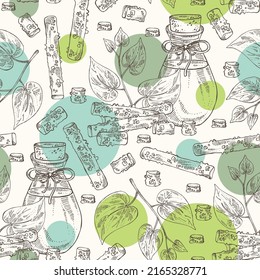 Seamless pattern with guduchi: giloy plant, guduchi leaves and bottle of guduchi essential oil. Tinospora cordifolia.  Cosmetic, perfumery and medical plant. Vector hand drawn illu