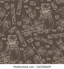 Seamless pattern with guduchi: giloy plant, guduchi leaves and bottle of guduchi essential oil. Tinospora cordifolia.  Cosmetic, perfumery and medical plant. Vector hand drawn illustration