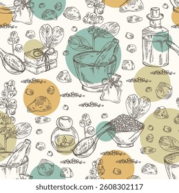 Seamless pattern with guggul: guggul plant, leaves, berries and guggul resin. Commiphora mukul. Oil, soap and bath salt . Cosmetics and medical plant. Vector