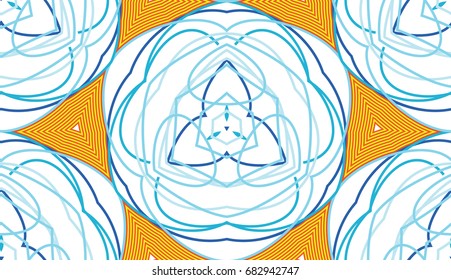 Seamless pattern. Guilloche. Vegetative-floral motive. Yellow, orange, blue.