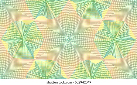 Seamless pattern. Guilloche. Vegetative-floral motive. Yellow, green and red.