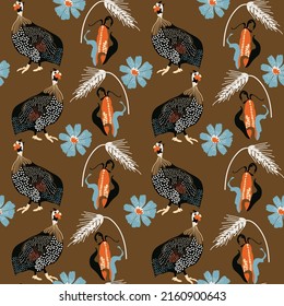 seamless pattern with guinea fowl, chicory flower, corn and spikelet, vector design for paper, fabric and other surface