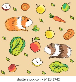 Seamless pattern with guinea pigs. Background with pets and food.