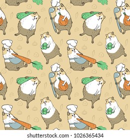 Seamless pattern with guinea pigs in beige colours and different vegetables