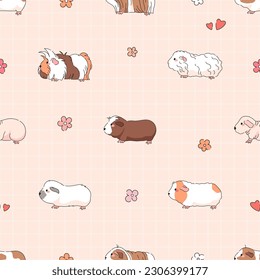 Seamless Pattern with Guinea Pigs and checkered background. Vector Seamless Grid Template with Cute Guinea Pigs.	