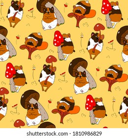 Seamless pattern with guinea pigs and mushrooms. Animalistic vector background. Orange and brown tones. Can be used for wallpapers, pattern fills, textile, surface textures