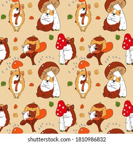 Seamless pattern with guinea pigs and mushrooms. Animalistic vector background. Can be used for wallpapers, pattern fills, textile, surface textures