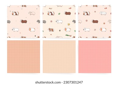 Seamless Pattern with Guinea Pigs and stripes set Vector Seamless Background with Cute Guinea Pigs.	