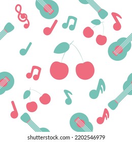 Seamless pattern with guitar, cherry, music notes on white background. Flat vector illustration.  