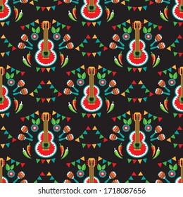 Seamless pattern with guitar, chilli pepper and maracas. Cinco De Mayo symbols. Vector illustration. Design elements for fabric, banner, wallpaper, wrapping paper.