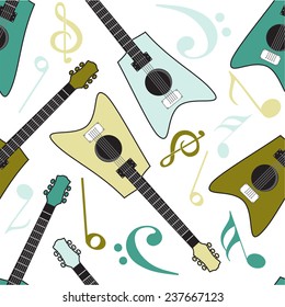 Seamless pattern of guitar with musical notes on beige background.