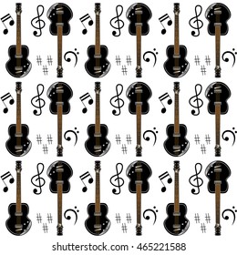 Seamless pattern with guitar and musical notes. Electronic guitar, rock and jazz, vector illustration
