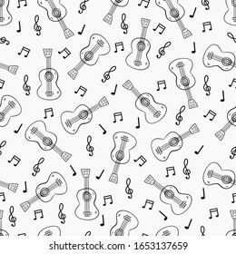 Seamless pattern with guitar and notes. Doodle element. Vector illustration.
