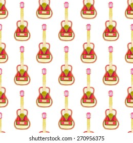 Seamless pattern with guitar. Real watercolor drawing. Vector illustration.