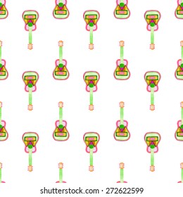 Seamless pattern with guitar. Real watercolor drawing. Vector illustration.