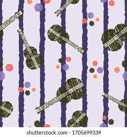 Seamless pattern guitar shapes and dots colorful striped repeat endless musical background cover texture for textile, carpet, curtains, wrapping paper, wallpapers, fashion fabric prints