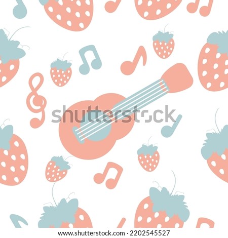 Seamless pattern with guitar, strawberry, music notes on white background. Flat vector illustration.  
