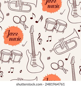 Seamless pattern with guitar and trumpet. Hand drawn vector background with jazz musical instruments